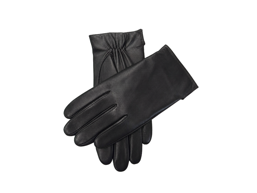 Crossed pair of black NEXUSKIN men's classic Nappa leather touchscreen gloves