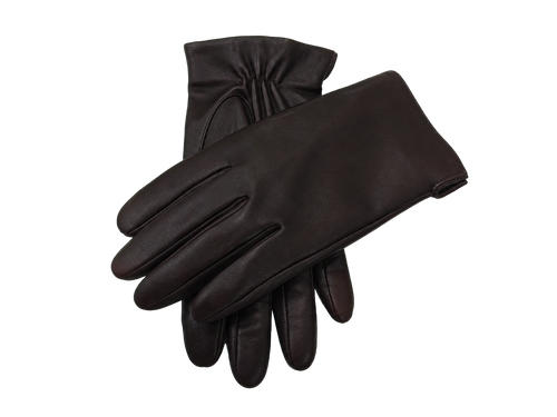 Crossed pair of brown NEXUSKIN men's classic Nappa leather touchscreen gloves