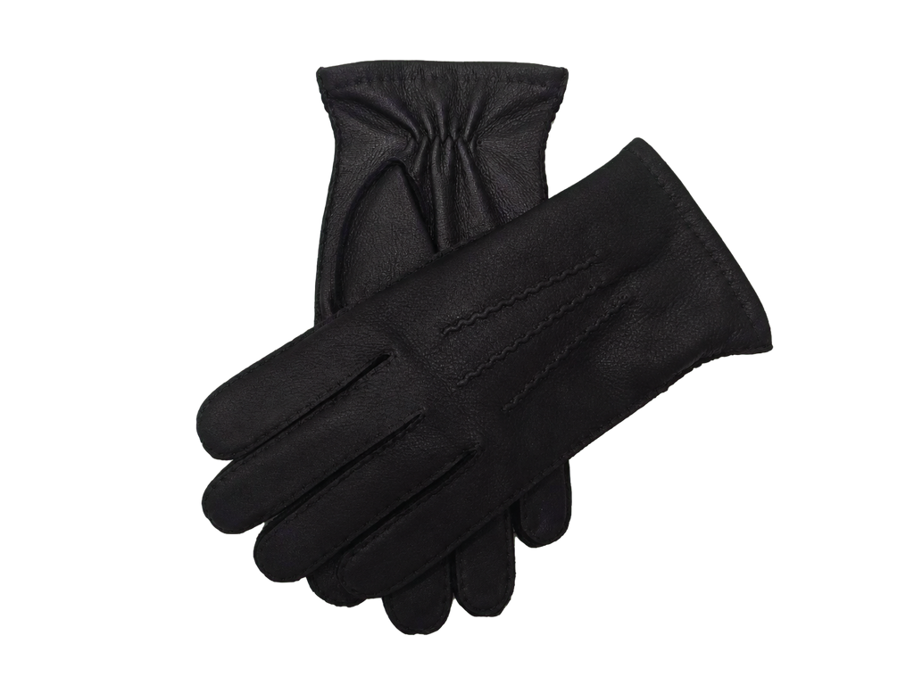 Crossed pair of black NEXUSKIN men's selected deerskin touchscreen gloves