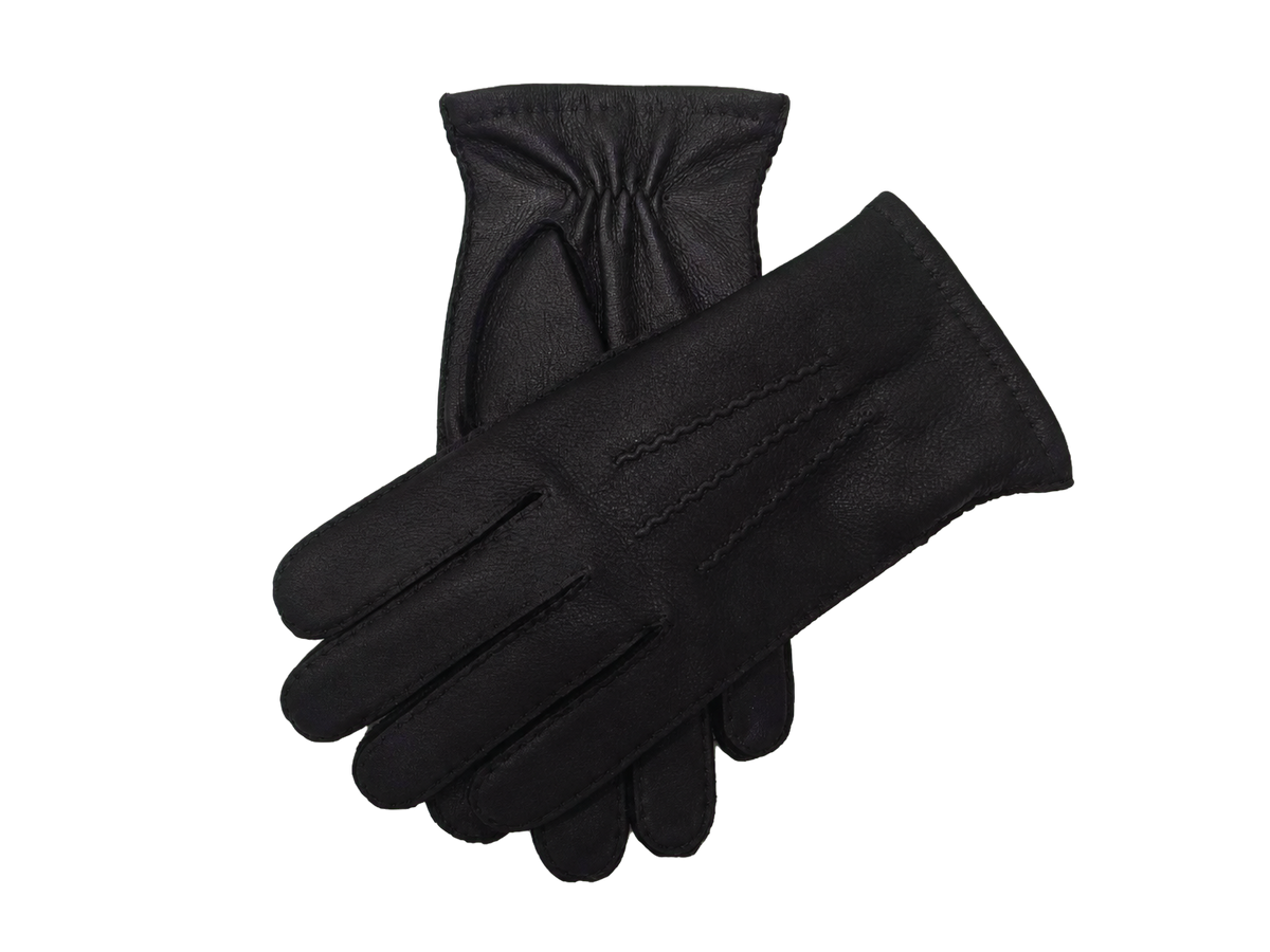 Crossed pair of black NEXUSKIN men's selected deerskin touchscreen gloves