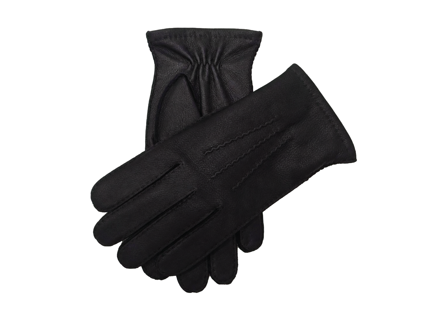 Crossed pair of black NEXUSKIN men's selected deerskin touchscreen gloves