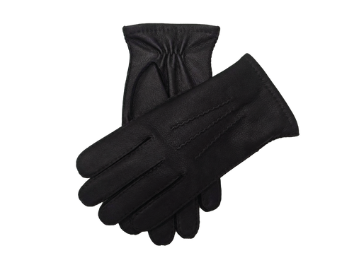 Crossed pair of black NEXUSKIN men's selected deerskin touchscreen gloves