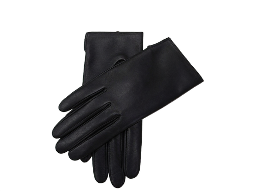 Crossed pair of black NEXUSKIN women's classic Nappa leather touchscreen gloves