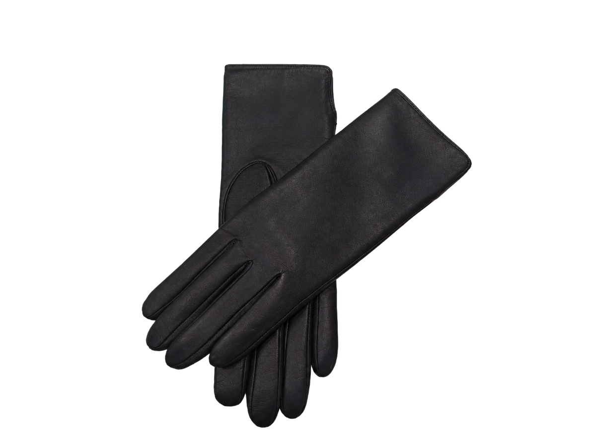 Crossed pair of black NEXUSKIN women's long Nappa leather touchscreen gloves