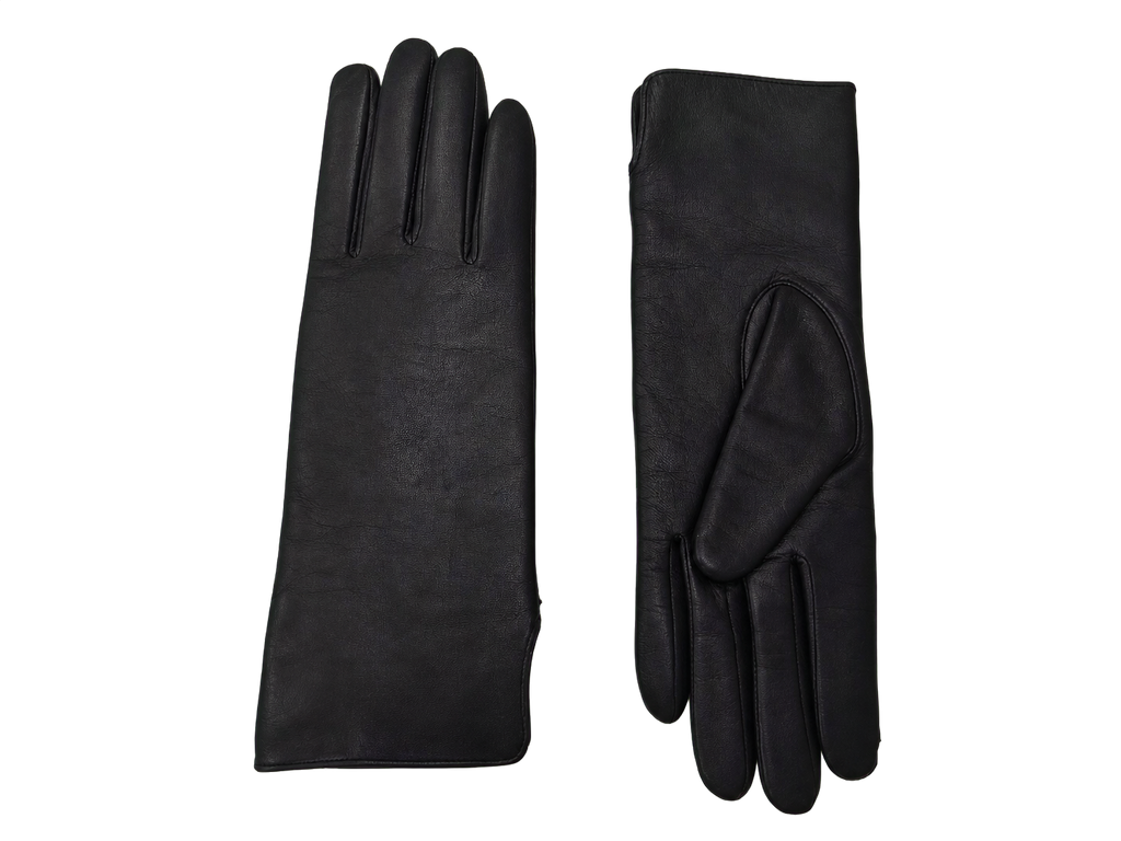 Black NEXUSKIN women's long Nappa leather gloves shown from palm and back
